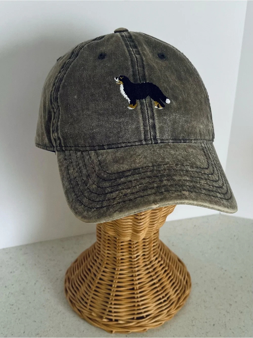 Bernese Mountain Dog Embroidered Baseball Cap Grey Denim Adjustable Hat One Size